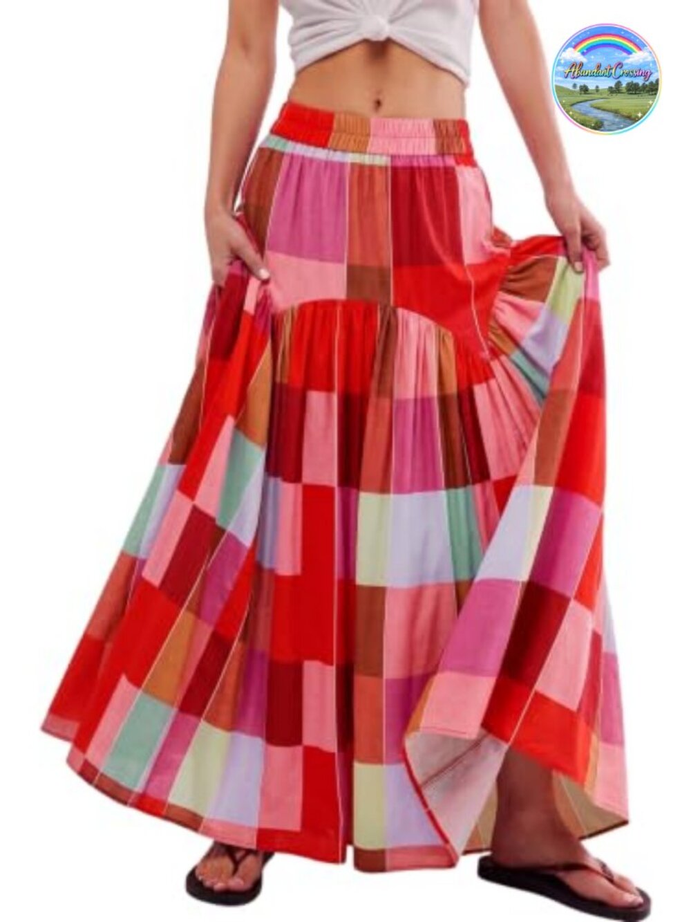 Women's Boho Plaid Ruched High Waist Floor Length Maxi Skirt